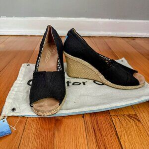 TOMS Black Peep Toe Wedge Espadrilles Canvas Shoes Women 7.5